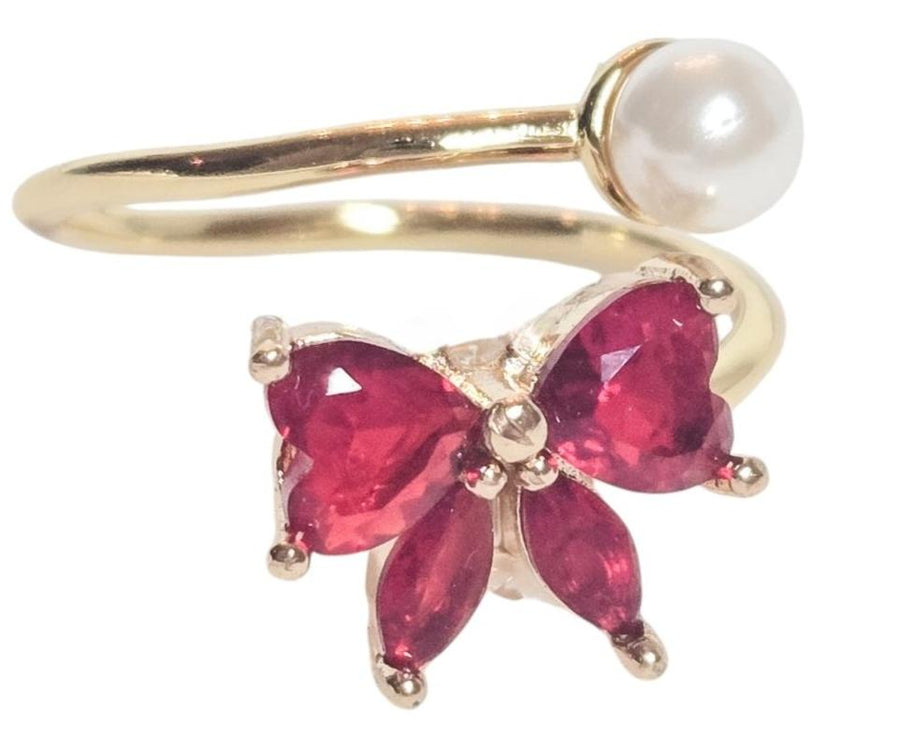 The Classic Christmas Bow Gold Pearl Ring - Red Zircon - Gold Plated Adjustable Band