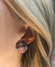 The Christmas Holiday Plaid Tartan Button Retro Earrings - Hypoallergenic - Feather Lightweight