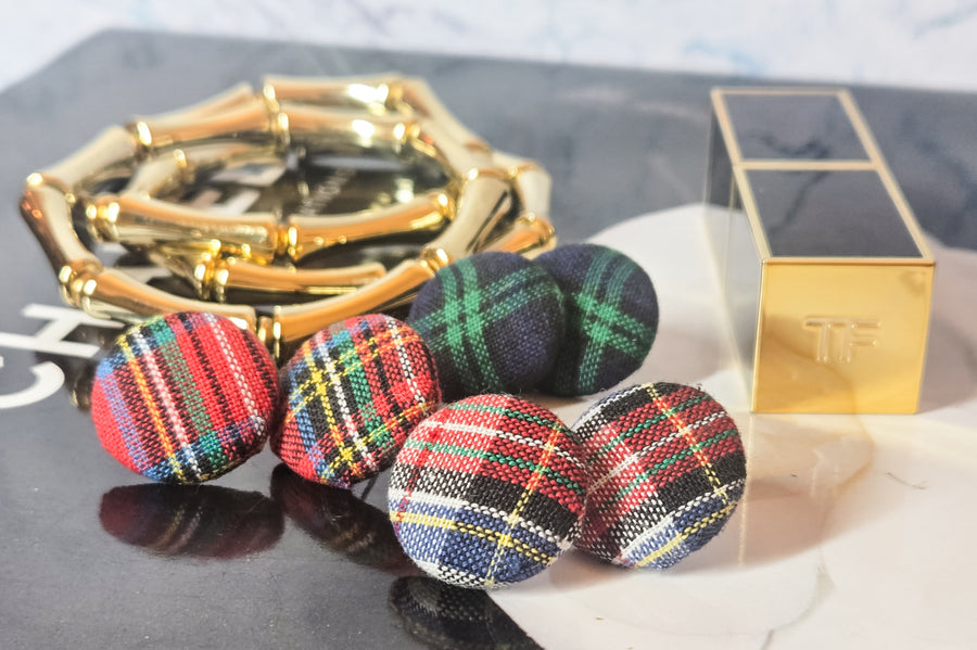 The Christmas Holiday Plaid Tartan Button Retro Earrings - Hypoallergenic - Feather Lightweight