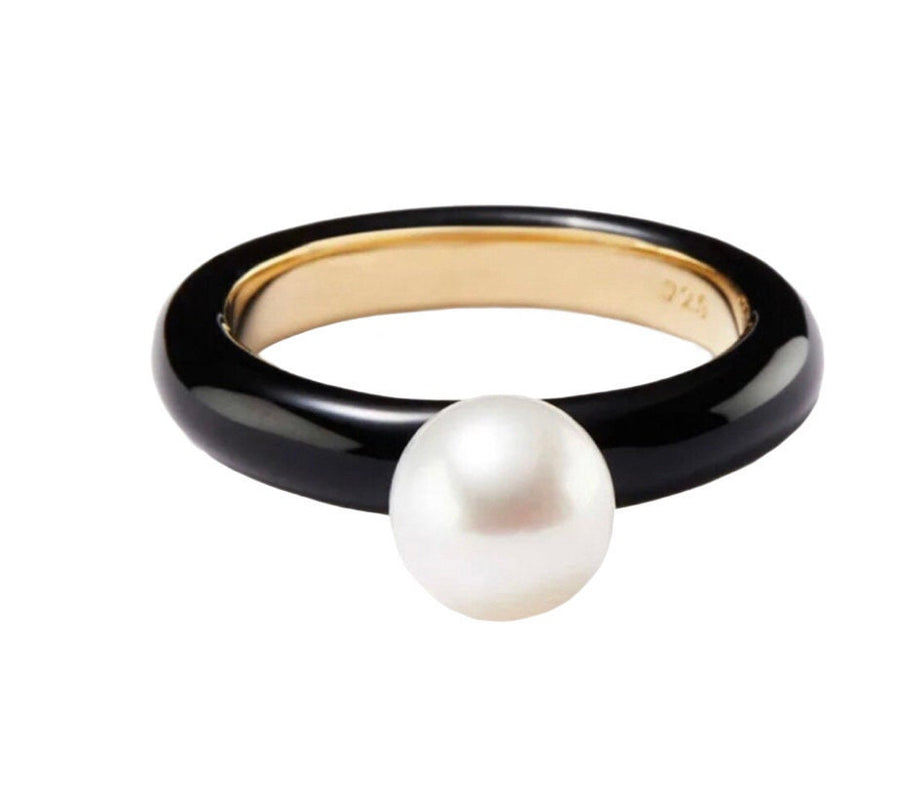 The Maggie Gumball Pearl Ring in Black Enamel