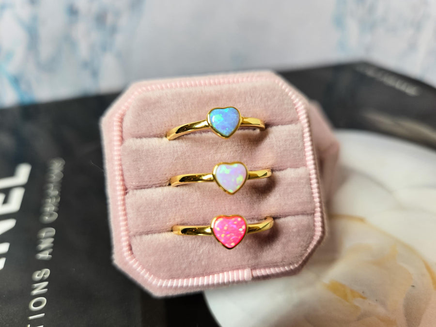 The Millie Dainty & Delicate Opal Heart Ring in Gold - Adjustable - White Opal