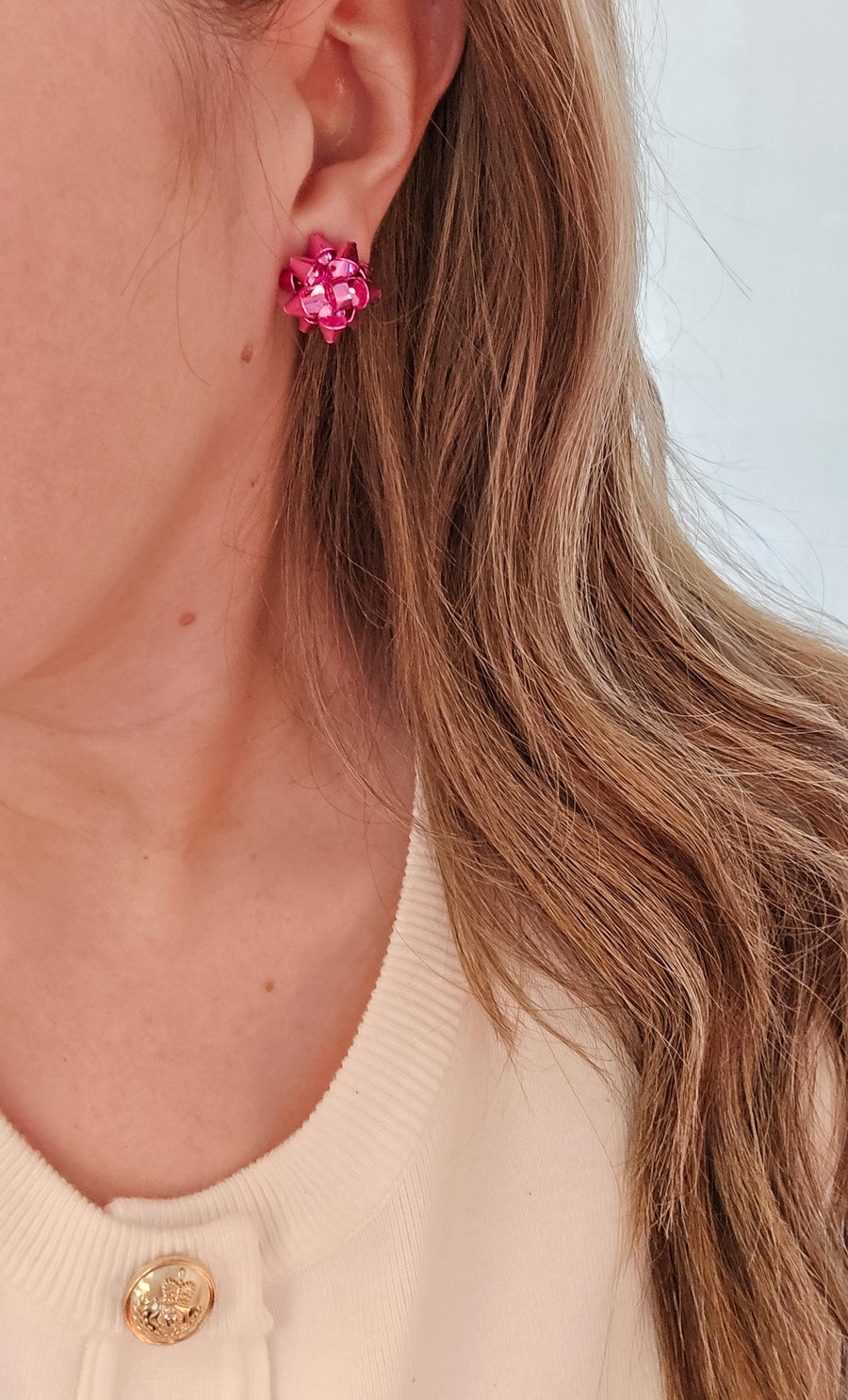 Classic Christmas Bow Stud Earrings - Pink