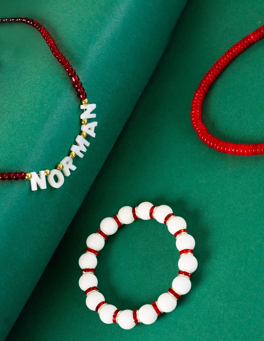 The White Matte Beads with Red Rhinestone Bling Stack Bracelet - OU Boomer Sooner- Oklahoma - BAMA- Roll Tide