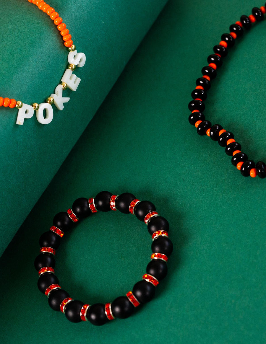 The Orange & Black Matte Beads with Rhinestone Bling Stack Bracelet - OSU- Go Pokes - Cowboys - Oklahoma State Jewelry