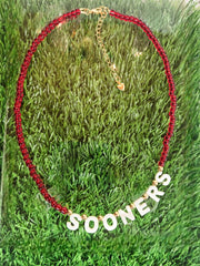 Oklahoma Boomer Sooner Mother of Pearl Shell Letters & Crimson Gameday Necklace - Sooners