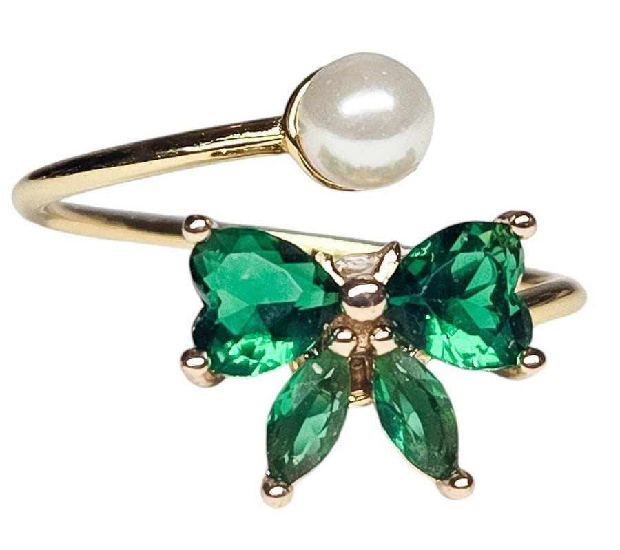 The Classic Christmas Bow Gold Pearl Ring - Adjustable - Green