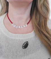 Oklahoma Boomer Sooner Mother of Pearl Shell Letters & Crimson Gameday Necklace - Sooners