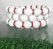 The White Matte Beads with Red Rhinestone Bling Stack Bracelet - OU Boomer Sooner- Oklahoma - BAMA- Roll Tide