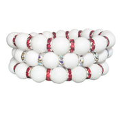 The White Matte Beads with Red Rhinestone Bling Stack Bracelet - OU Boomer Sooner- Oklahoma - BAMA- Roll Tide