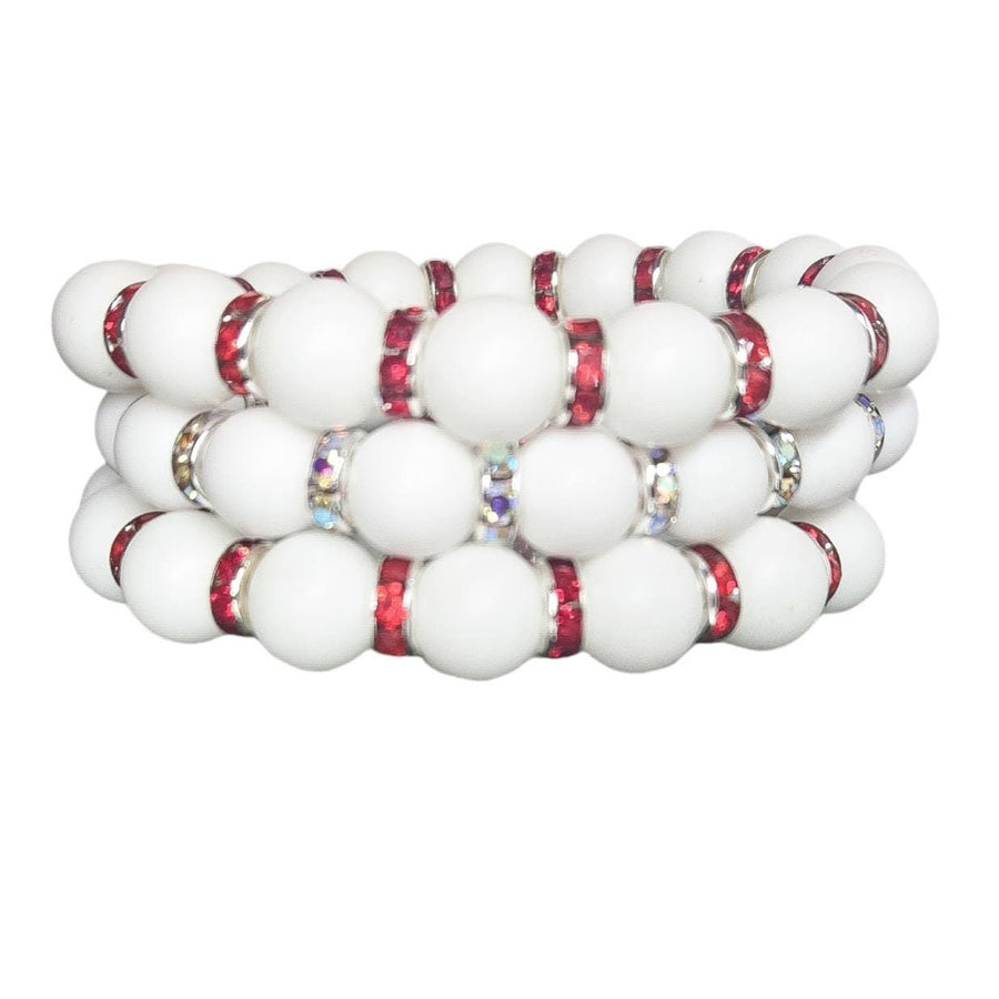 The White Matte Beads with Red Rhinestone Bling Stack Bracelet - OU Boomer Sooner- Oklahoma - BAMA- Roll Tide