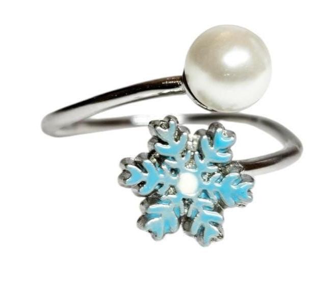 The Pocket Sized Dainty Icy Blue Snowflake Pearl Adjustable Ring - Christmas - Holidays