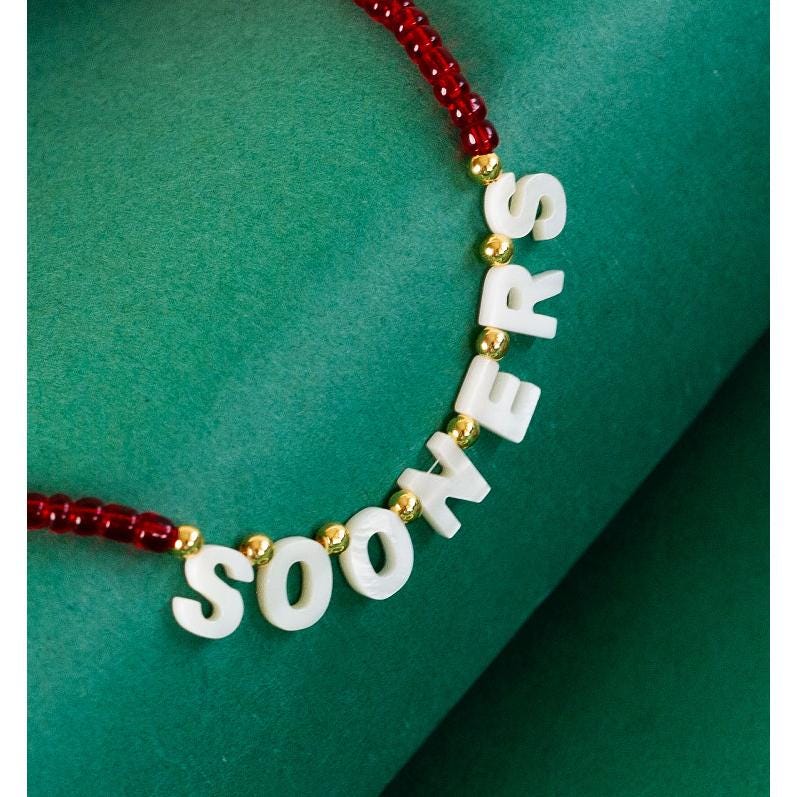 Oklahoma Boomer Sooner Mother of Pearl Shell Letters & Crimson Gameday Necklace - Sooners