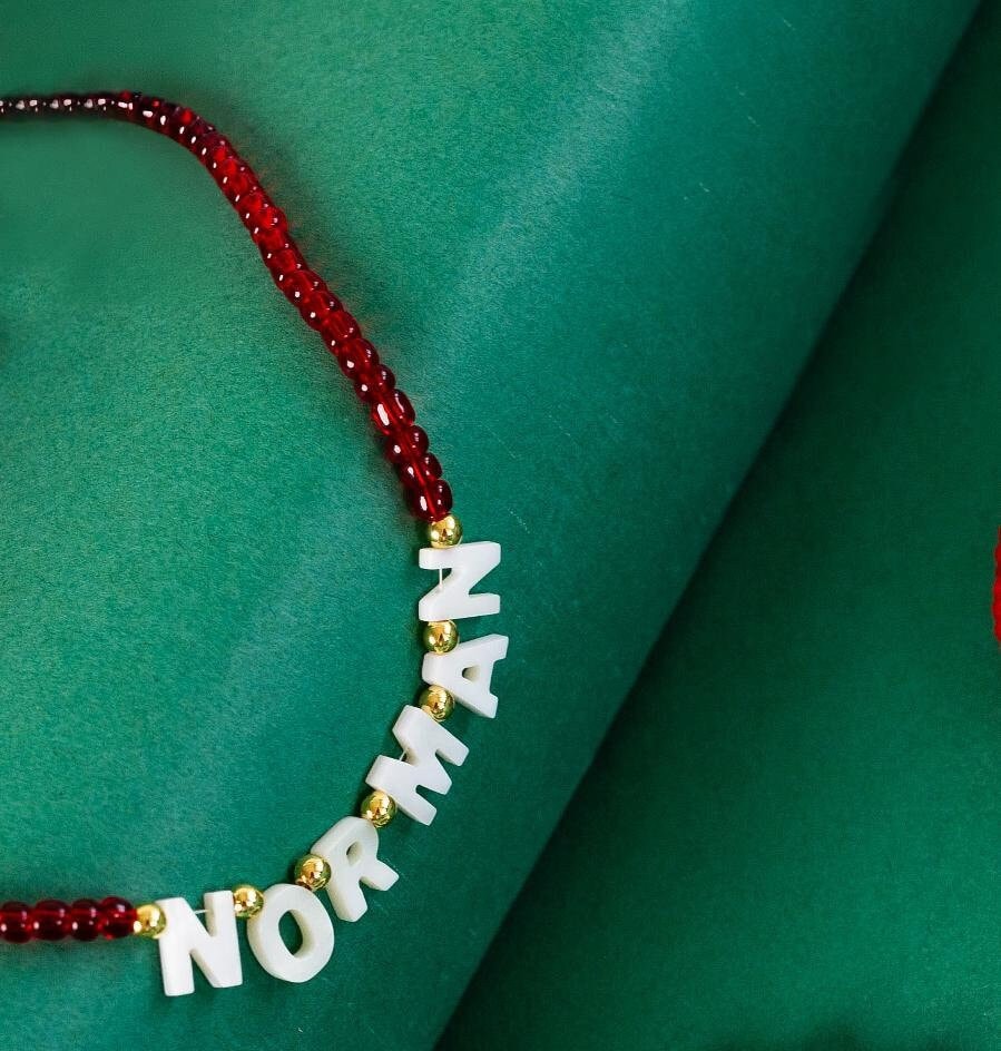 Oklahoma Boomer Sooner Mother of Pearl Shell Letters & Crimson Gameday Necklace - Norman