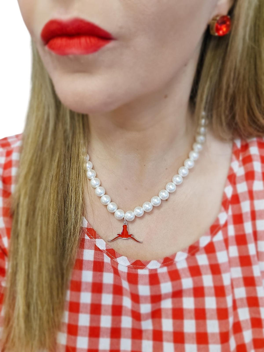 Oklahoma Boomer Sooner Horns Down OU/TEXAS Pearl Necklace