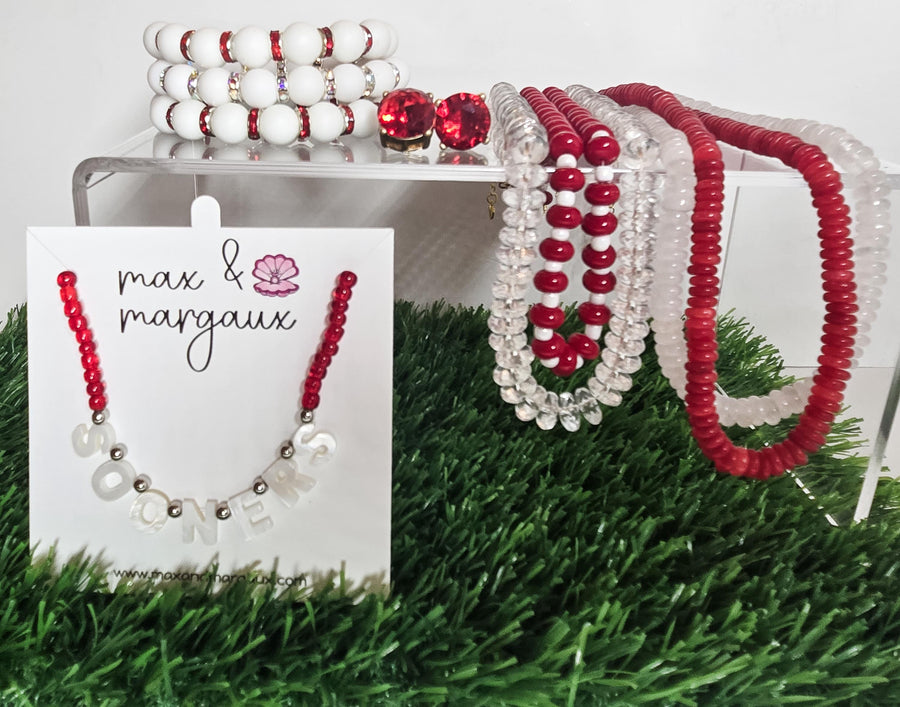 Oklahoma Boomer Sooner Mother of Pearl Shell Letters & Crimson Gameday Necklace - Sooners