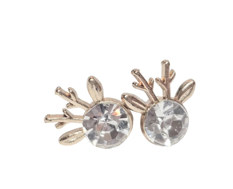 The Dainty & Delicate Tiny Reindeer Clear Zircon and Gold Stud Earrings