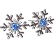 The Dainty & Delicate Tiny Silver Snowflakes with Blue Zircon Gem Stud Earrings