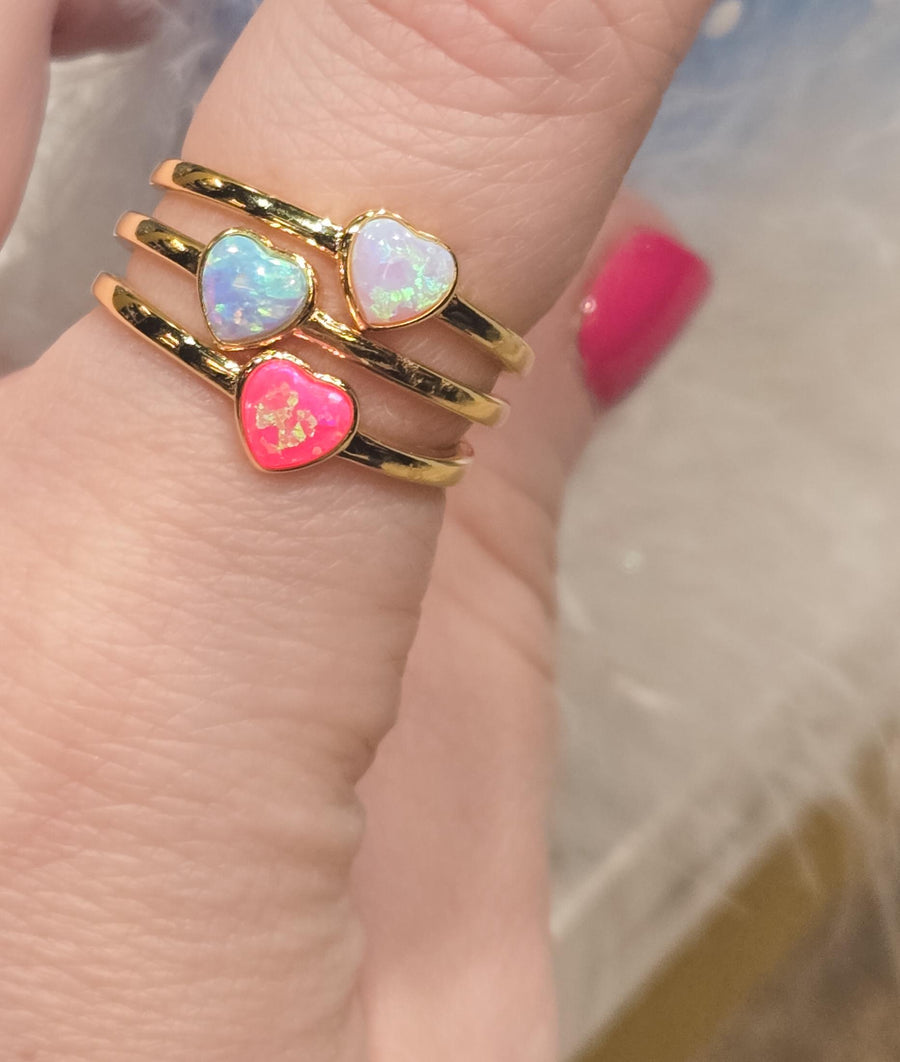 The Millie Dainty & Delicate Opal Heart Ring in Gold - Adjustable - White Opal