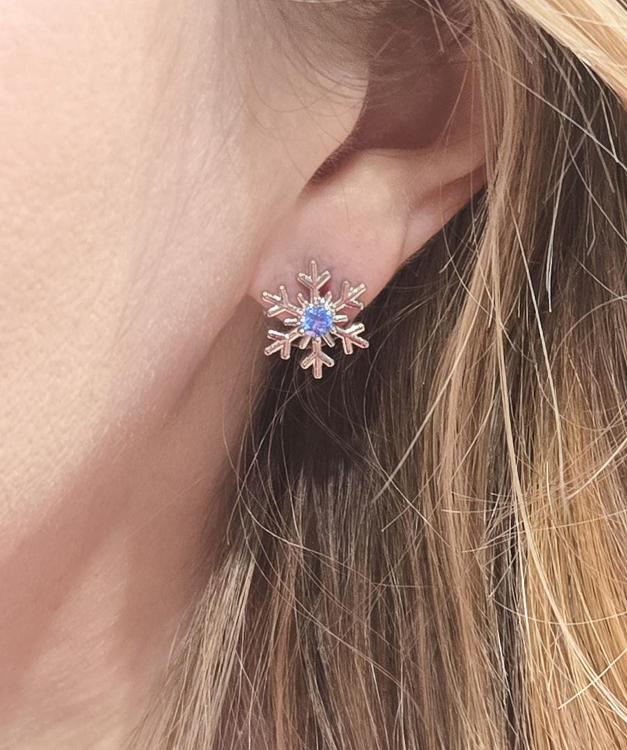 The Dainty & Delicate Tiny Silver Snowflakes with Blue Zircon Gem Stud Earrings