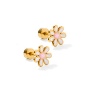 Dainty & Delicate Pink Glitter Daisy - Hypoallergenic - Screw back Earrings for Children and Kids