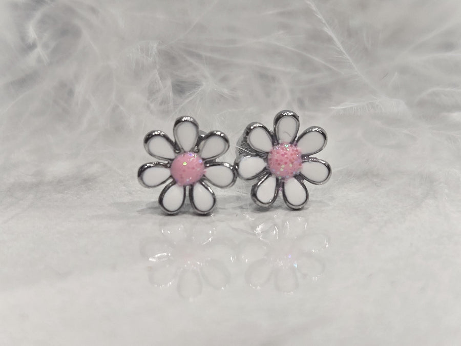 Dainty & Delicate Pink Glitter Daisy - Hypoallergenic - Screw back Earrings for Children and Kids