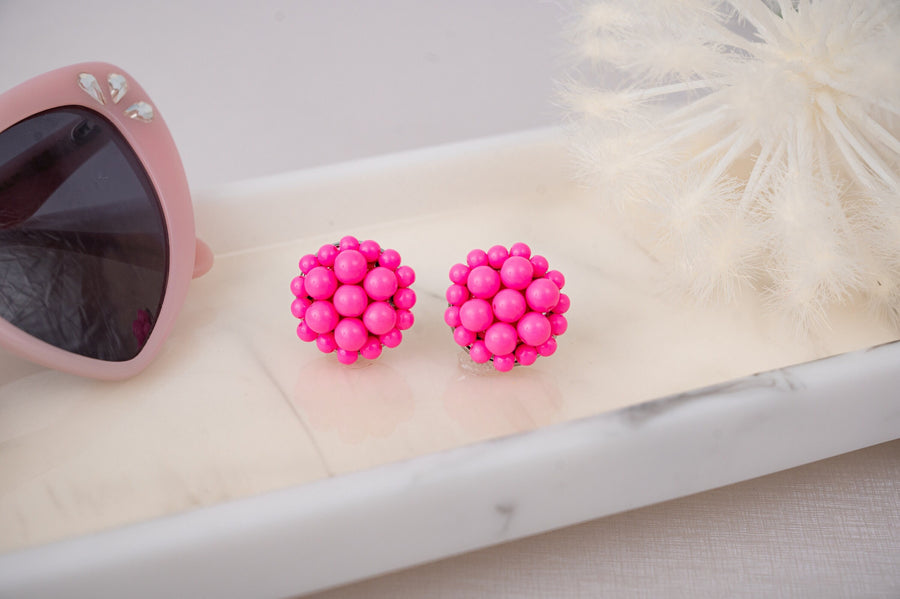 The Jackie Ohhh So Retro Beaded Cluster Earrings in Hot Pink